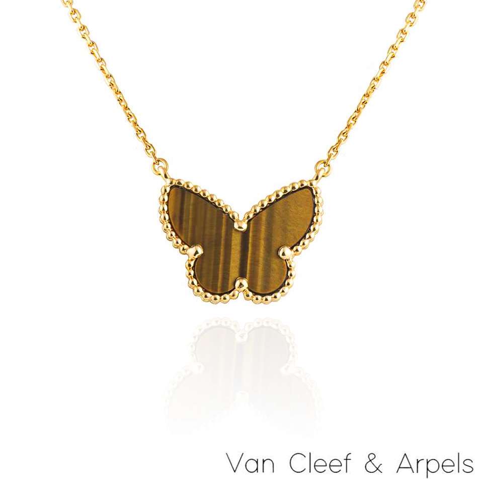 Van Cleef & Arpels Yellow Gold Lucky Alhambra Butterfly Tiger's Eye Pendant VCARD98500